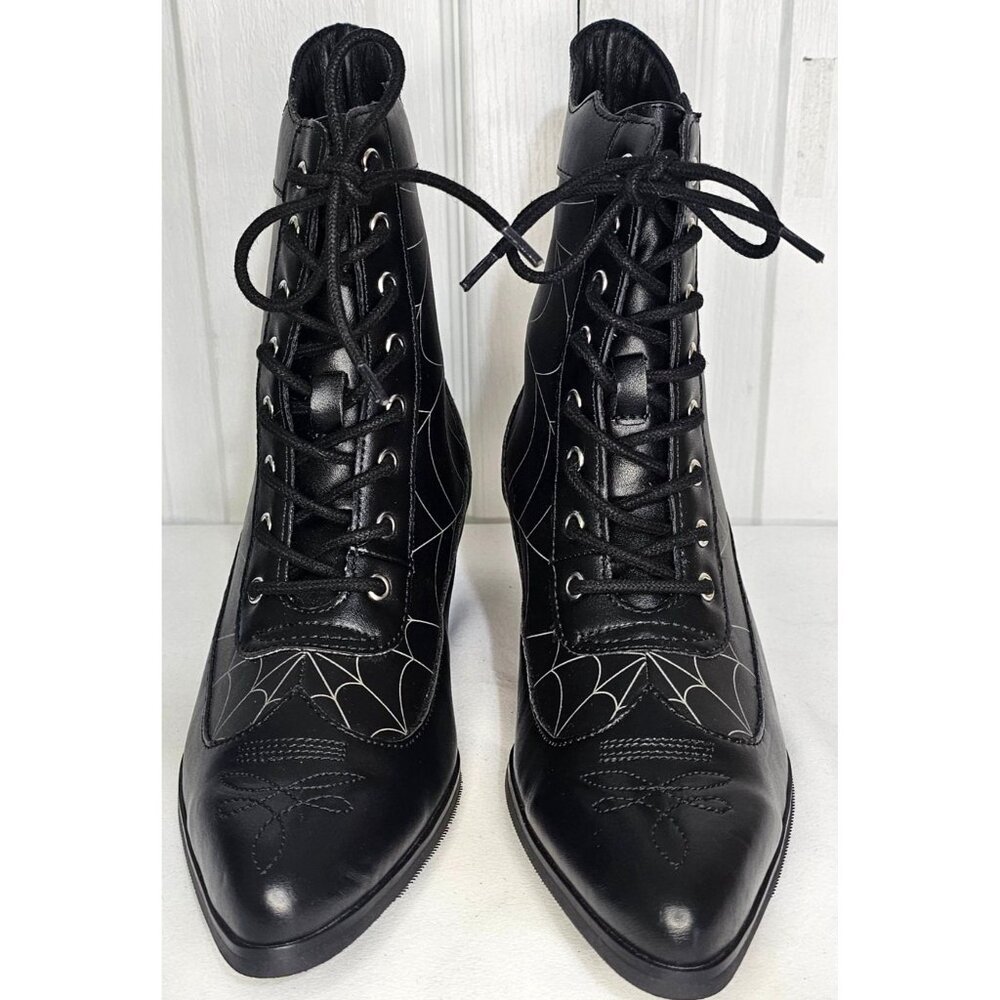 Black Victorian 8-Eye Spiderweb Pointed Anarchic Heel Boots Witch Spider Booties - Picture 2 of 11